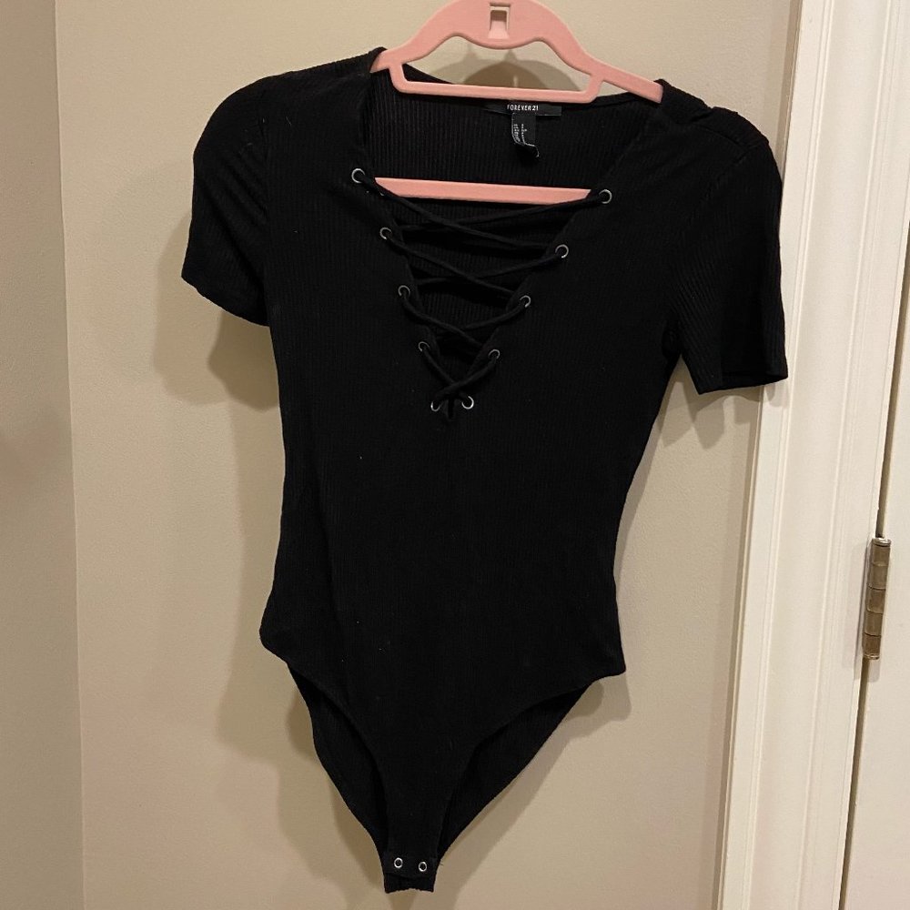 Forever 21 Black Lace Up Bodysuit Size S